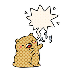 cartoon bear singing a song and speech bubble in comic book style