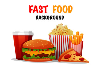 Colorful Fast food vector isolated on white background. Fast food hamburger dinner and restaurant, tasty set fast food many meal and unhealthy fast food classic nutrition.
