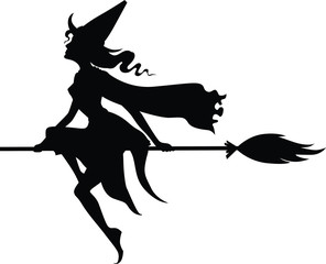 Vector illustrations of silhouette witch with hat on broom fly