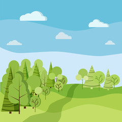 Beautiful spring or summer landscape with green trees, spruces, fields, clouds in cartoon flat style.
