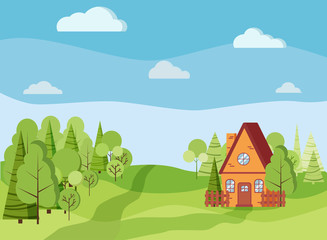 Spring or summer landscape with country house, green trees, spruces, fields, clouds in cartoon flat style.