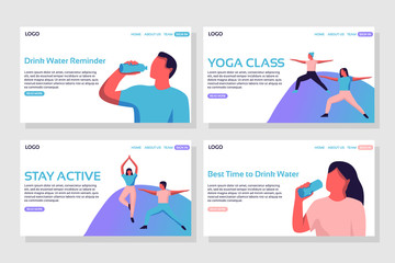 Fototapeta na wymiar Sport landing page set. Woman drinking water, man drinking water, man and woman in yoga poses web wage. Flat vector illustration
