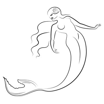 Silhouette of a mermaid. Beautiful girl is floating in the water. The lady is young and slender. Fantastic image of a fairy tale. Vector illustration.