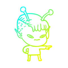 cold gradient line drawing cute cartoon alien girl