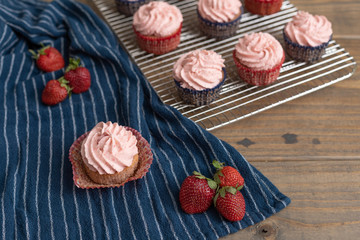 Homemade strawberry cupcakes in red and blue paper cups on cooling rack.  One isolated in front on blue paper towel.  Fresh strawberries scattered around.