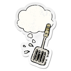cartoon kitchen spatula and thought bubble as a distressed worn sticker