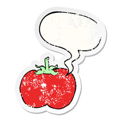 cartoon tomato and speech bubble distressed sticker