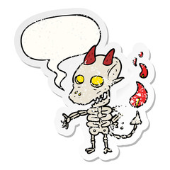 cartoon spooky skeleton demon and speech bubble distressed sticker