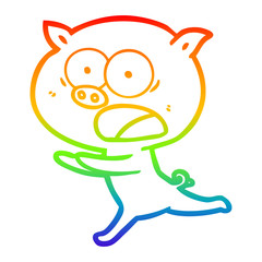 rainbow gradient line drawing cartoon pig running
