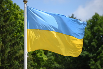 Yellow-blue flag of Ukraine on the facade of the building. Lviv, Ukraine