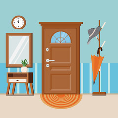 Cozy home entrance hall interior background with furniture vector illustration.
