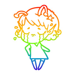 rainbow gradient line drawing cartoon crying alien girl