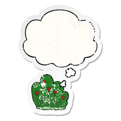 cartoon hedge and thought bubble as a distressed worn sticker