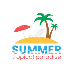 Fototapeta na wymiar Beach logo on white backdrop. Flat holiday logotype. Time to travel concept. Sun lounger and beach umbrella. Island and palm trees. Vector illustration