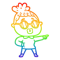 Fototapeta na wymiar rainbow gradient line drawing cartoon pointing woman wearing spectacles