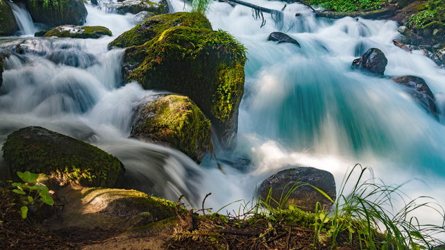A stormy mountain river flows among huge stones in the forest slopes of the Caucasus Mountains.