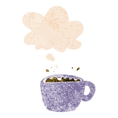 cartoon coffee cup and thought bubble in retro textured style