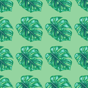 Indigo seamless pattern with monstera palm leaves. Summer tropical camouflage fabric design.