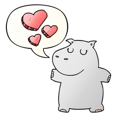 cartoon hippo in love and speech bubble in smooth gradient style