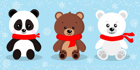 Fototapeta premium Set of cute isolated christmas bear in red scarves in sitting pose.