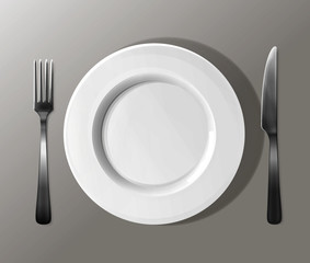 Plate with knife and fork. Realistic. 