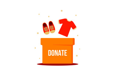 Clothes donate vector illustration. Flat style image of donation box, t-shirt and shoes. isolated on white background. Zero waste concept. 