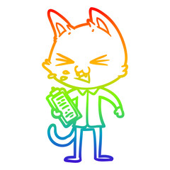 rainbow gradient line drawing cartoon salesman cat hissing
