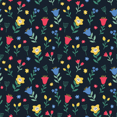 Seamless colorful floral pattern with wild flowers. Ditsy print. Simple scandinavian style. Vector illustration