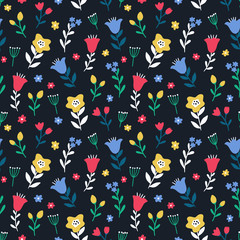 Seamless colorful floral pattern with wild flowers on black background. Simple scandinavian style. Ditsy print. Vector illustration