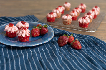 Homemade mini strawberry cupcakes in red and white paper liners.  Some isolated on blue plate with fresh strawberries.  Some cooling on rack in background.  Blue kitchen towel on wood table.