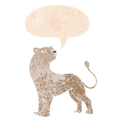 cartoon lioness and speech bubble in retro textured style