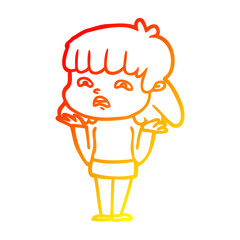warm gradient line drawing cartoon worried woman