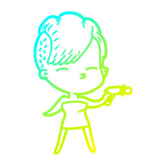 cold gradient line drawing cartoon squinting girl pointing ray gun