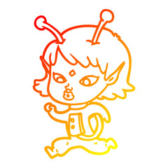 warm gradient line drawing pretty cartoon alien girl running
