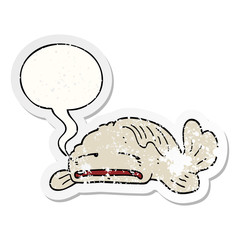 cartoon sad old fish and speech bubble distressed sticker