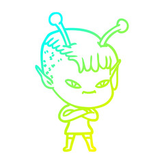 cold gradient line drawing cute cartoon alien girl
