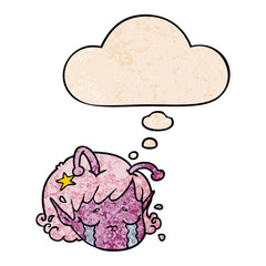 cartoon alien space girl face crying and thought bubble in grunge texture pattern style