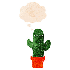 cartoon cactus and thought bubble in retro textured style