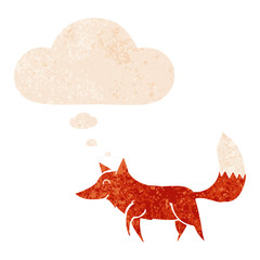 cartoon wolf and thought bubble in retro textured style