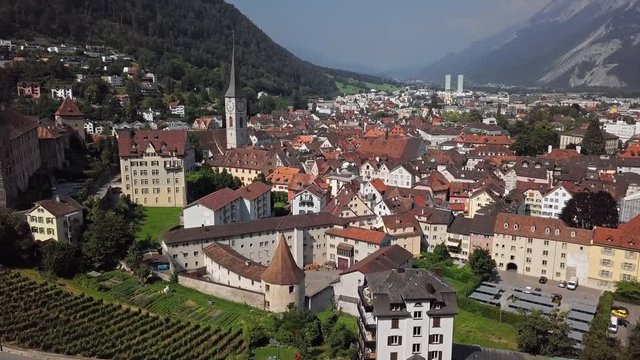 Aerial panorama of Chur (Coire) old town and vineyards, Graubunden, Switzerland.