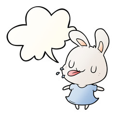 cute cartoon rabbit blowing raspberry and speech bubble in smooth gradient style