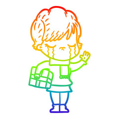 rainbow gradient line drawing cartoon woman crying