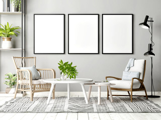 Mock up poster in Scandinavian Living Room with decoration, 3d render, 3d illustration - obrazy, fototapety, plakaty