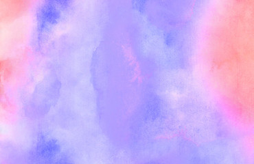 Smeared smooth bright purple and soft pink watercolor brush drawn background. Grunge light pastel colors ink glow aquarelle smudge illustration. Paper textured pattern for vintage design, retro card
