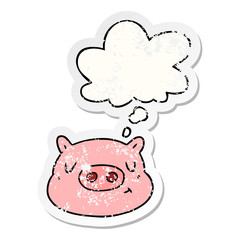 cartoon pig face and thought bubble as a distressed worn sticker