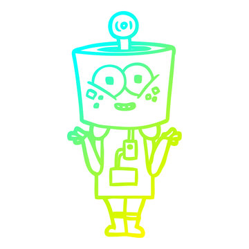 recommend clip art: cold gradient line drawing happy cartoon robot shrugging shoulders