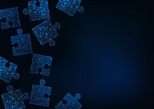 Vecteur Stock Futuristic glow low poly jigsaw puzzle pieces abstract  background with space for text on dark blue. | Adobe Stock