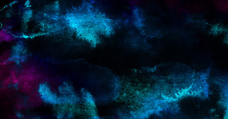 Dark glowing blue neon watercolor on black paper illustration. Creative lightning night sky and thunder background. Aquarelle painted ink canvas, cosmic card template for modern design