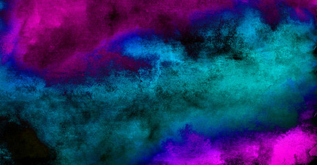 Fototapeta na wymiar Vivid ink textured blue, pink and purple color canvas for modern design. Aquarelle smeared abstract cosmic bright vintage dark watercolour illustration. Neon watercolor on black paper background
