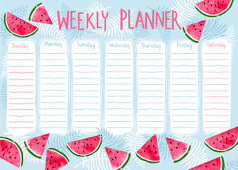 Weekly planner with watermelon slices and tropical leaves. Summer theme printable template